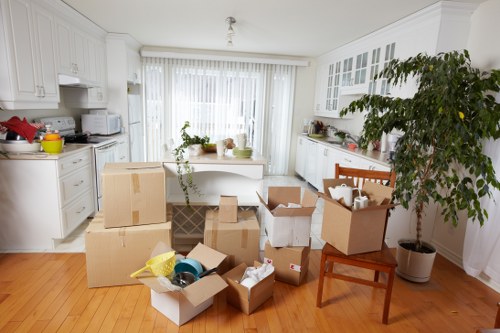 Packed office items ready for transport in a commercial move